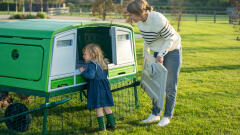 mother and child looking into the eglu pro coop