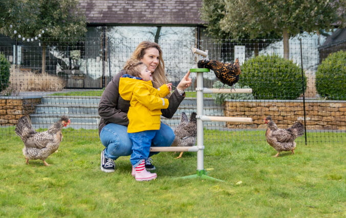 The Free standing universal chicken perch is customisable mum and daughter in their garden playing with their chickens